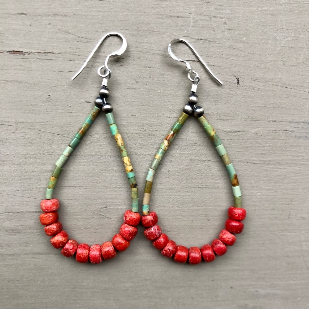 Kingman Turquoise & Apple Coral Loop Earrings